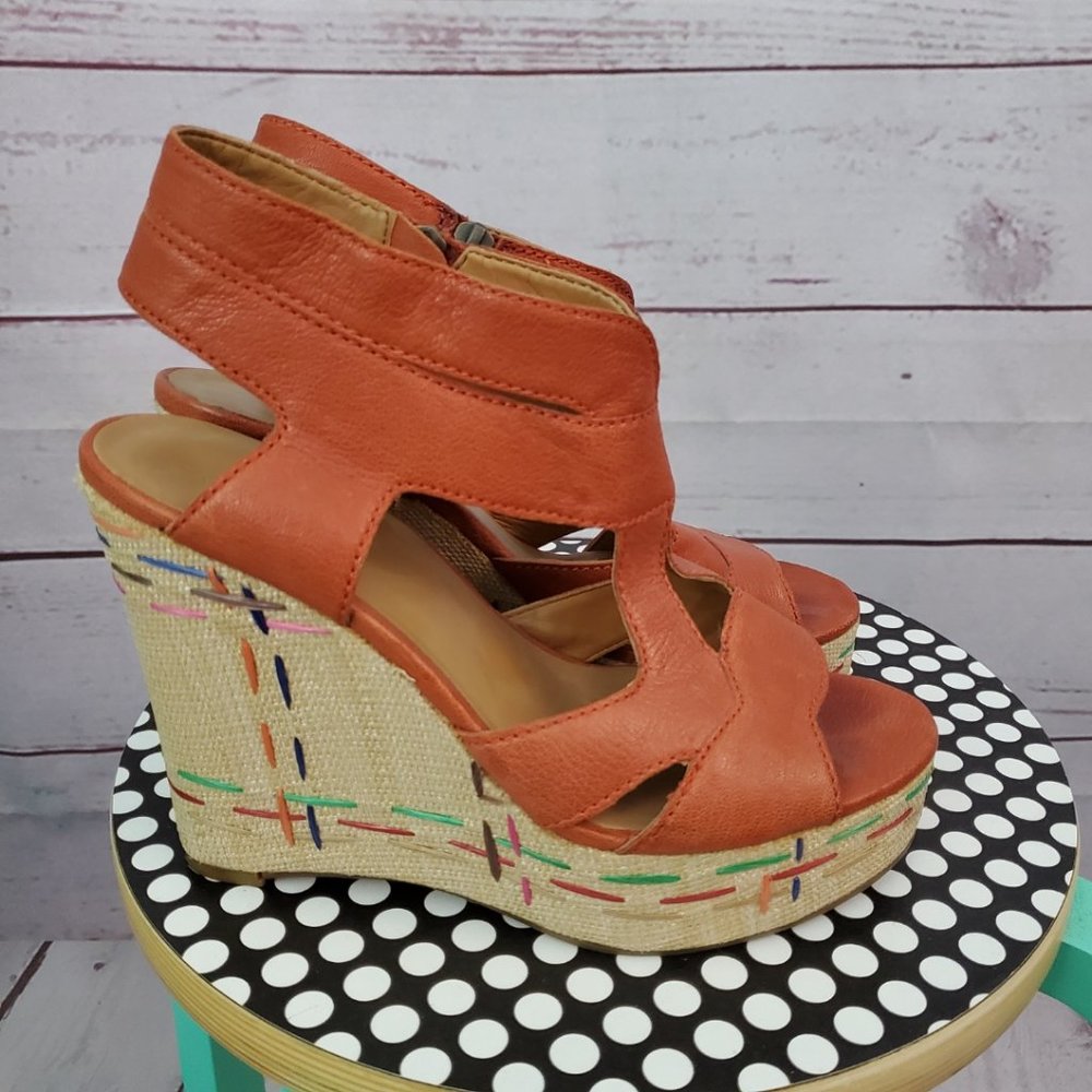 Nine West Orange Leather Wedge Sandals